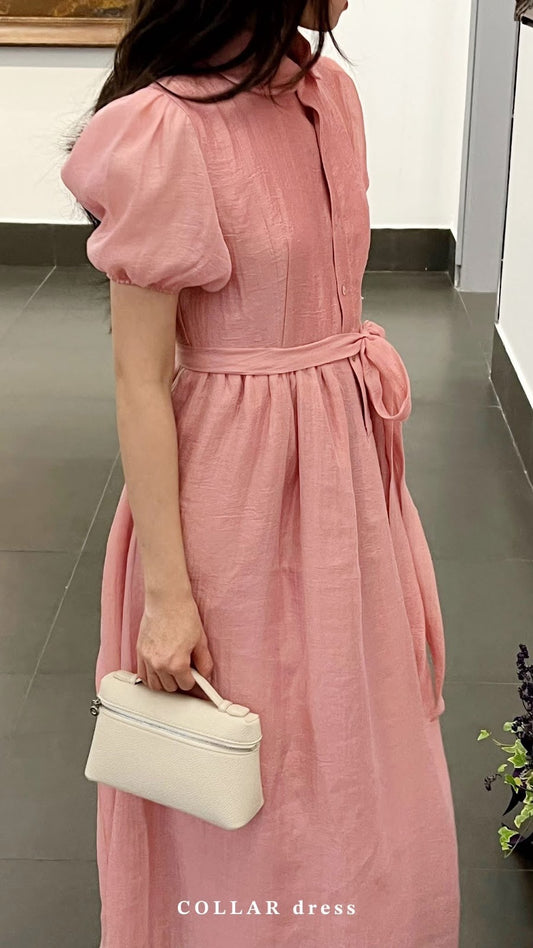 Collar tie-waist dress front