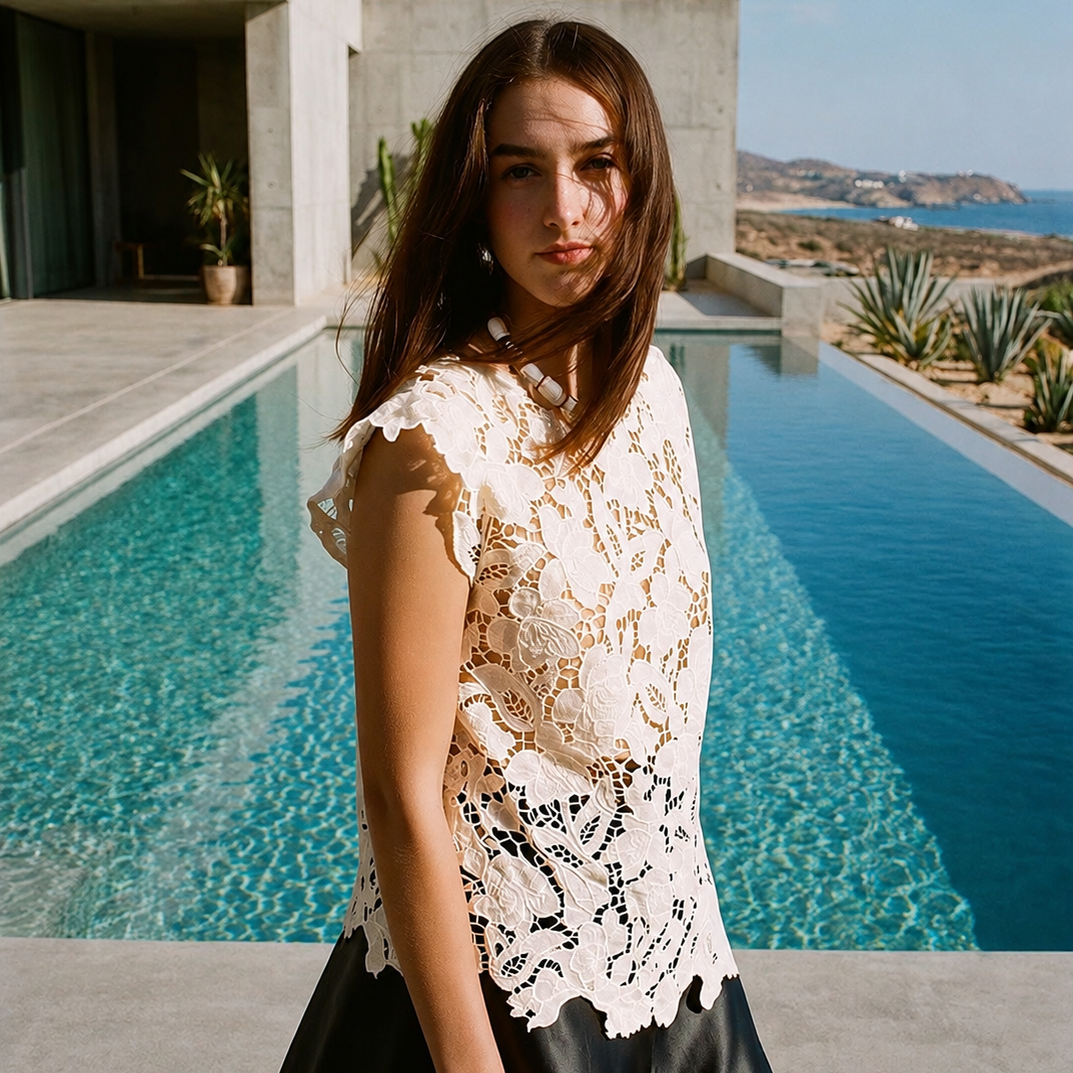 Behati Laser-Cut Lace Top in Ivory – close-up of one-of-a-kind lace fabric | Rosalara