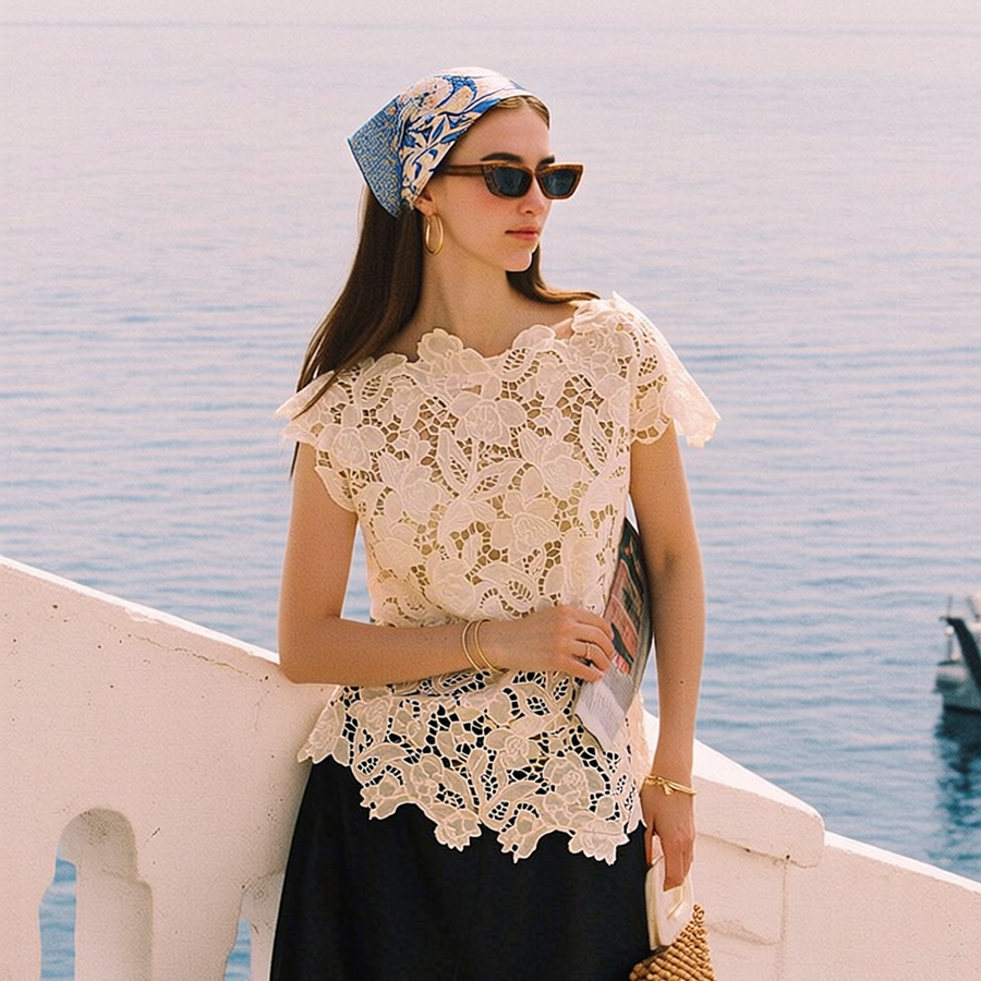 Behati Laser-Cut Lace Top in Ivory – petite-fit hand laser-cut lace top, front view | Rosalara