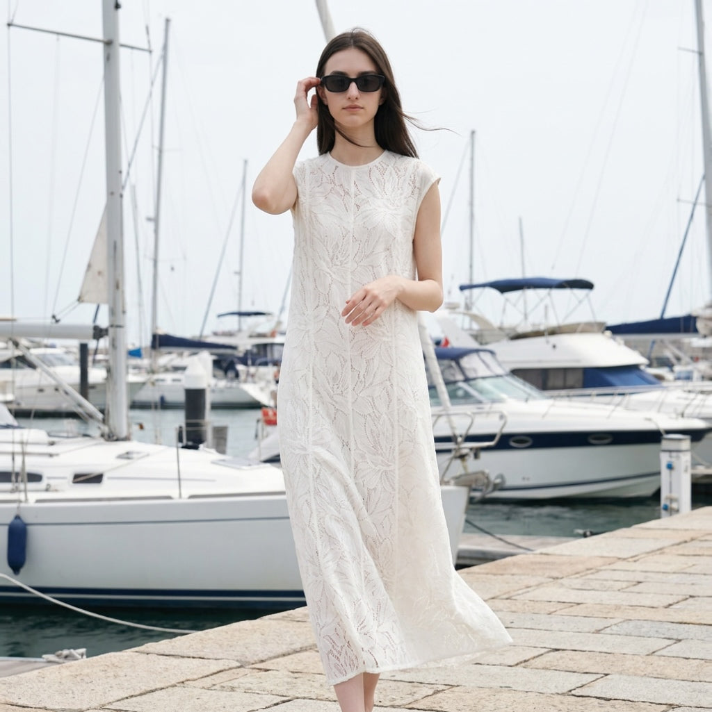 Model wearing Kolara Floral Lace Dress in Ivory, full-body view | Rosalara