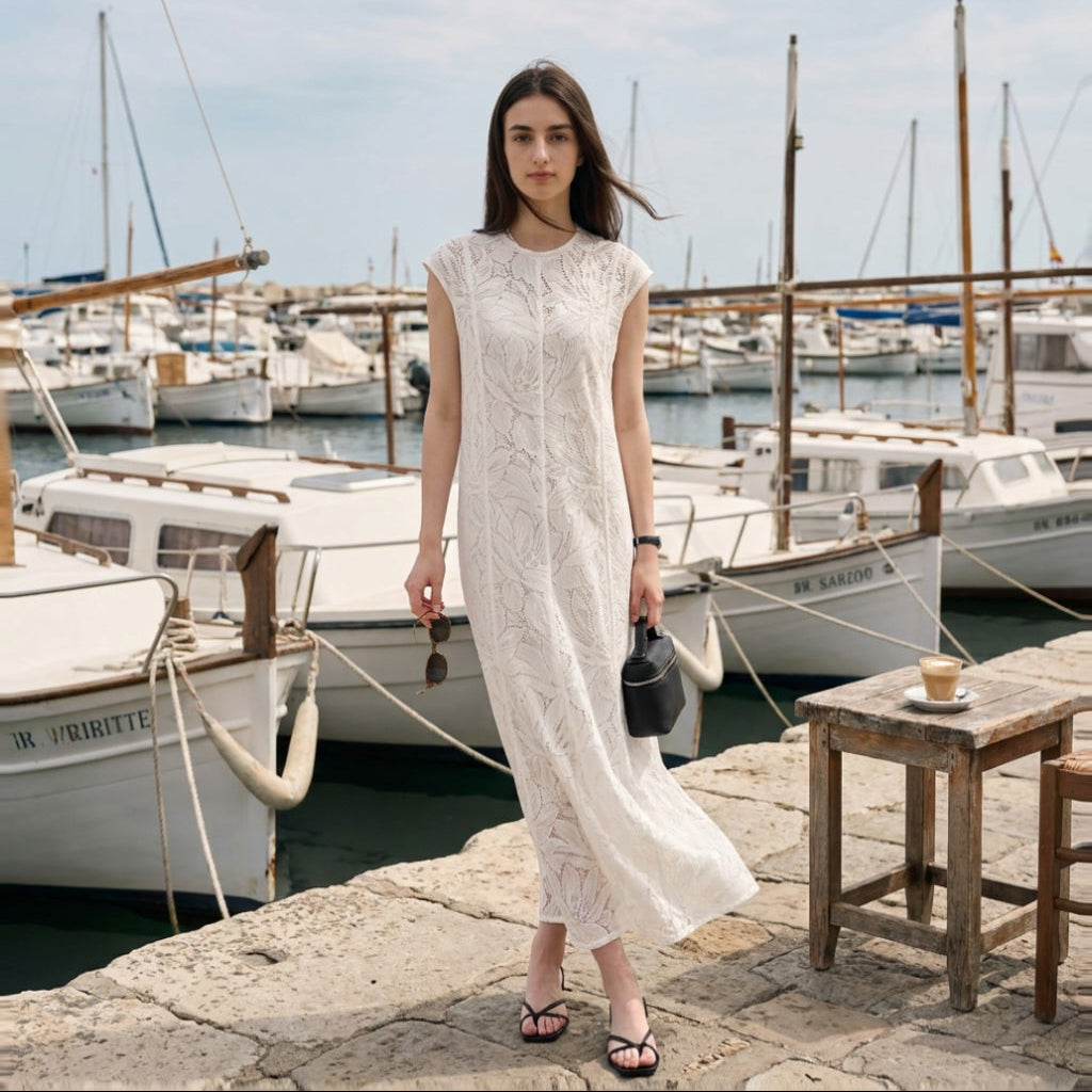 Kolara Floral Lace Dress in Ivory – petite-fit floral lace dress, side view | Rosalara