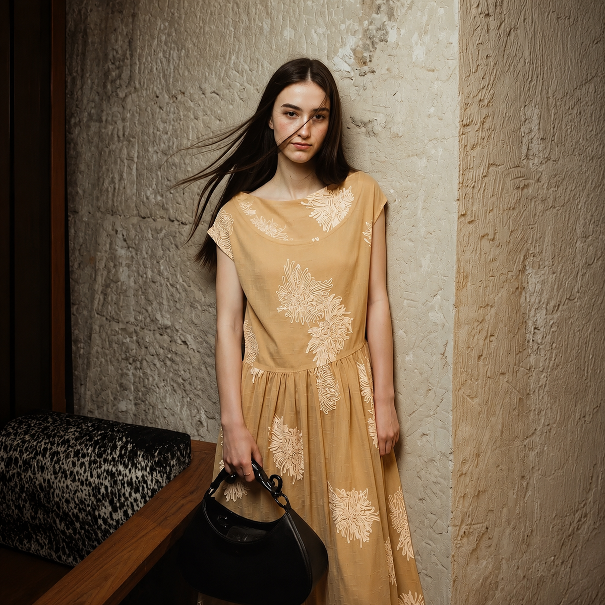 Rosalara Leger off-shoulder midi dress in champagne, front view