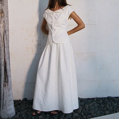 Lima & Audrey Linen Set in White – close-up of tonal button detail on the Lima top | Rosalara