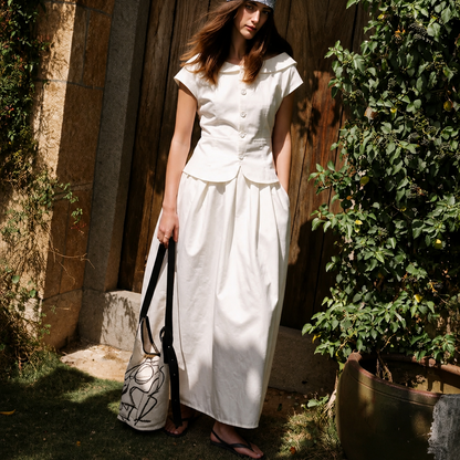 Lima & Audrey Linen Set in White – off-shoulder linen top and shirred-waist skirt, front view | Rosalara