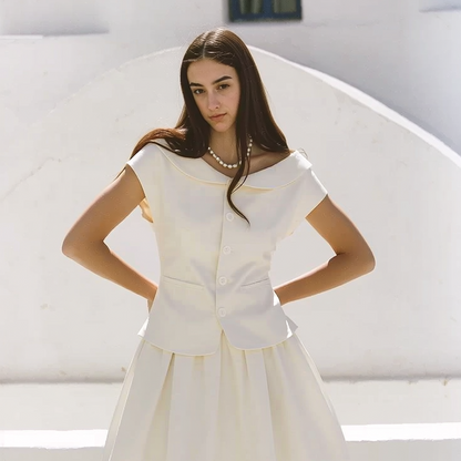 Lima & Audrey Linen Set in White – off-shoulder linen top and shirred-waist skirt, side view | Rosalara