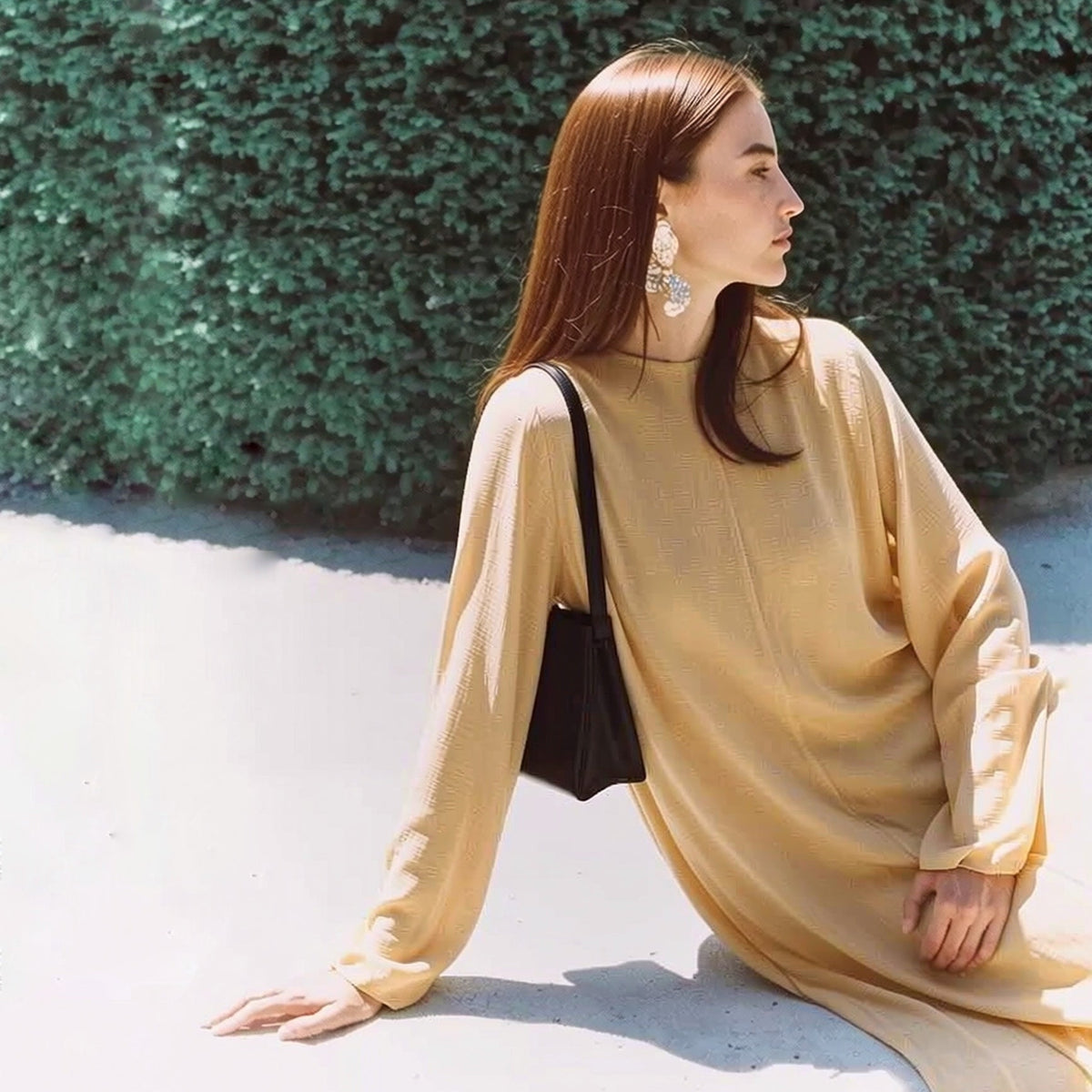 Rosalara Penna crepe long sleeve dress in beige, front view