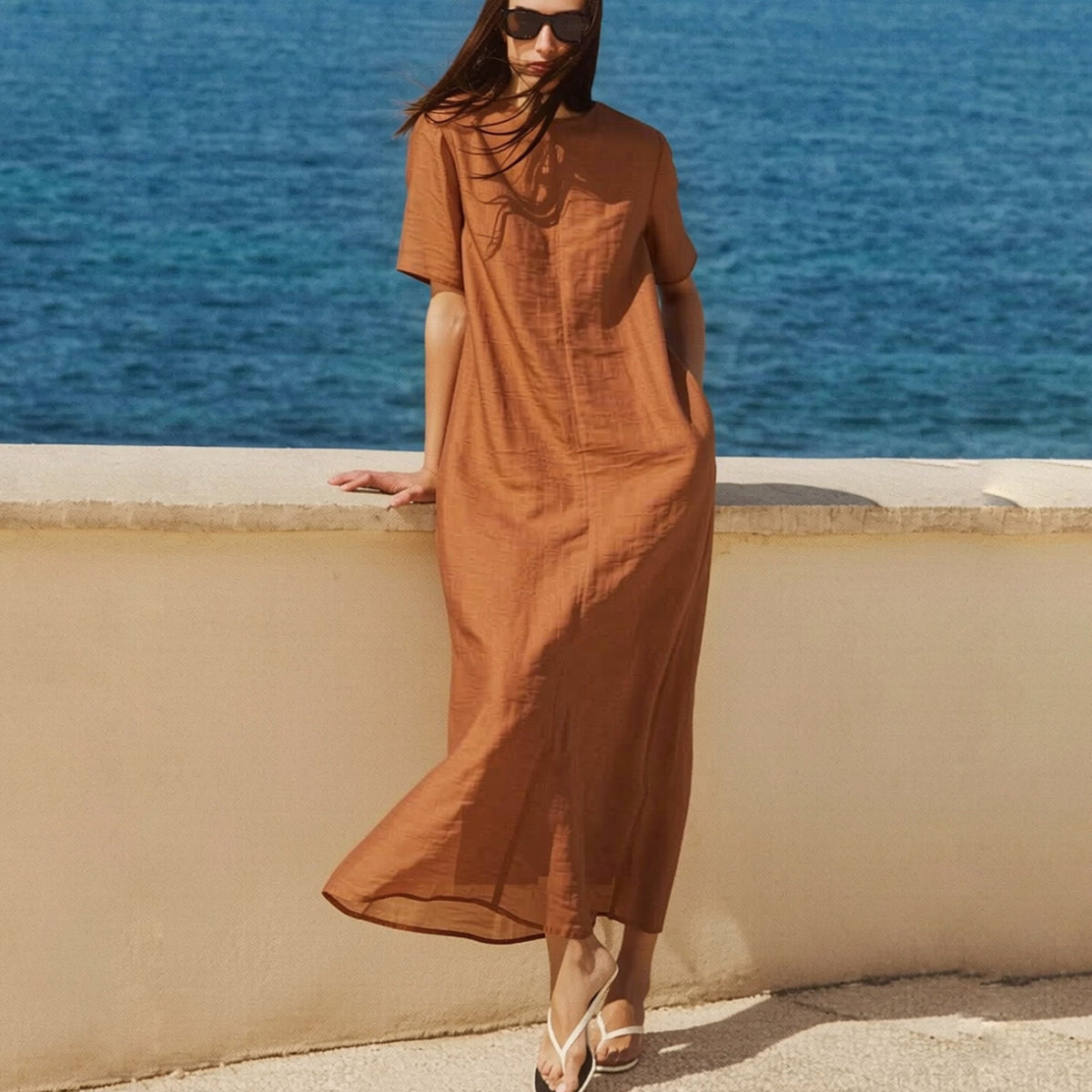 Rosalara Penna crepe short sleeve dress in chocolate brown, front view