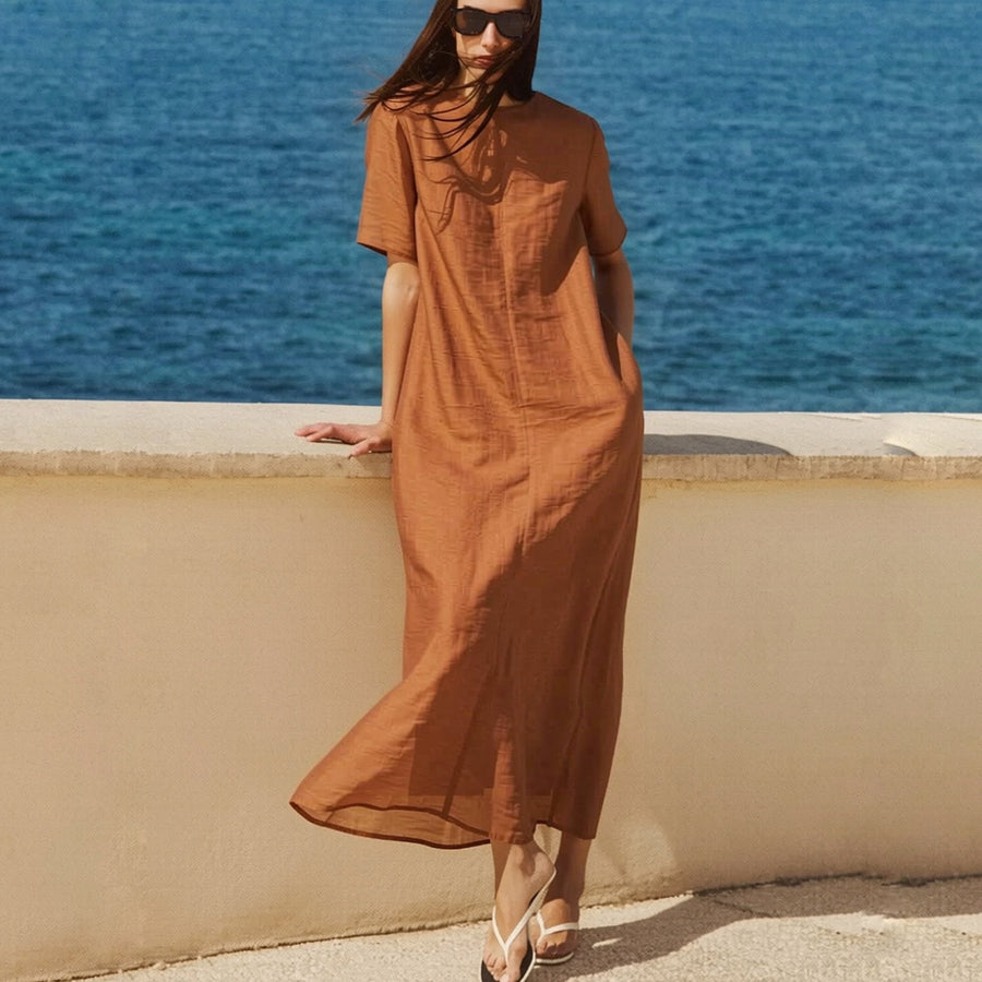 Rosalara Penna crepe short sleeve dress in chocolate brown, front view