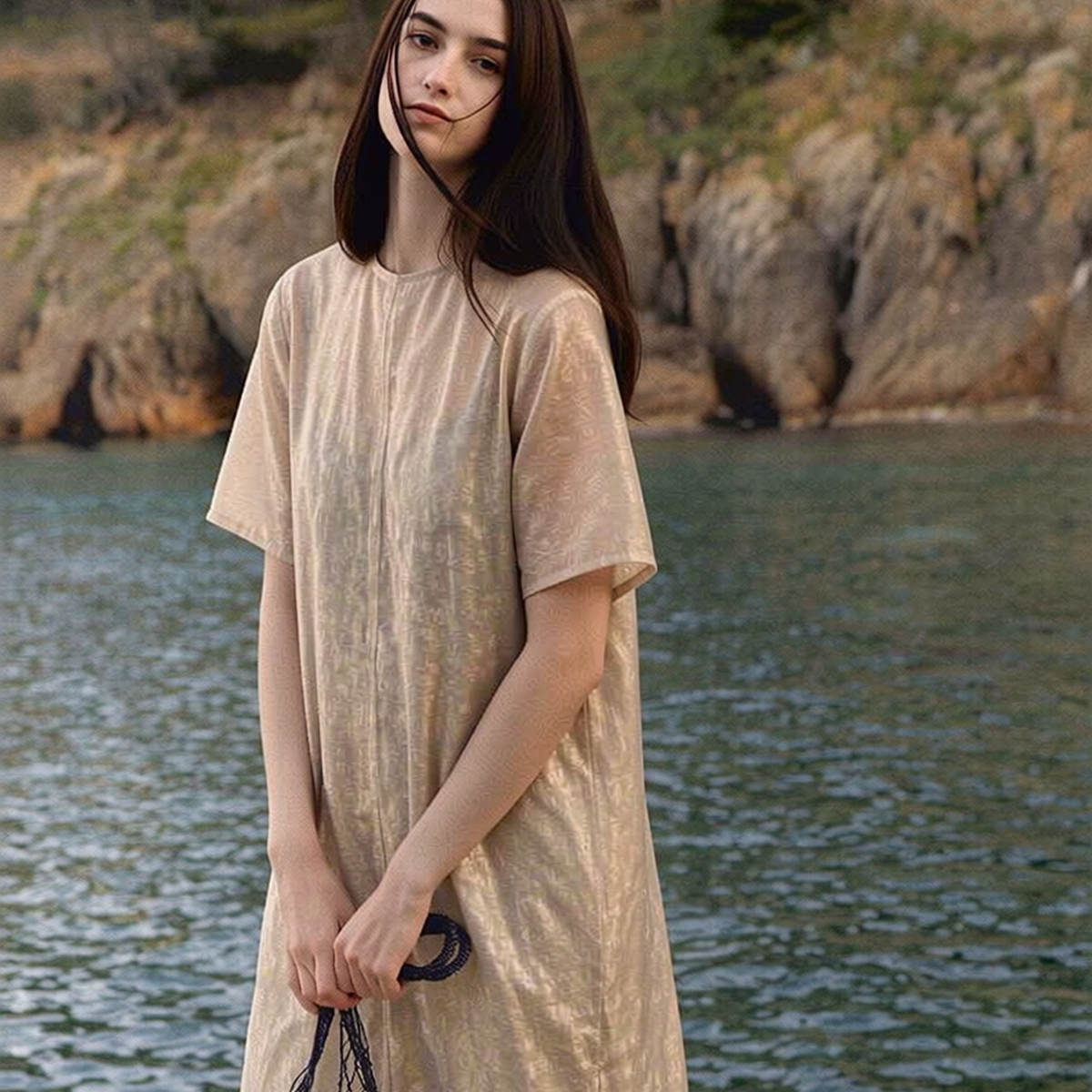 Penna Marble-Sheen Short Sleeve Dress in Light Brown – petite-fit satin dress, front view | Rosalara